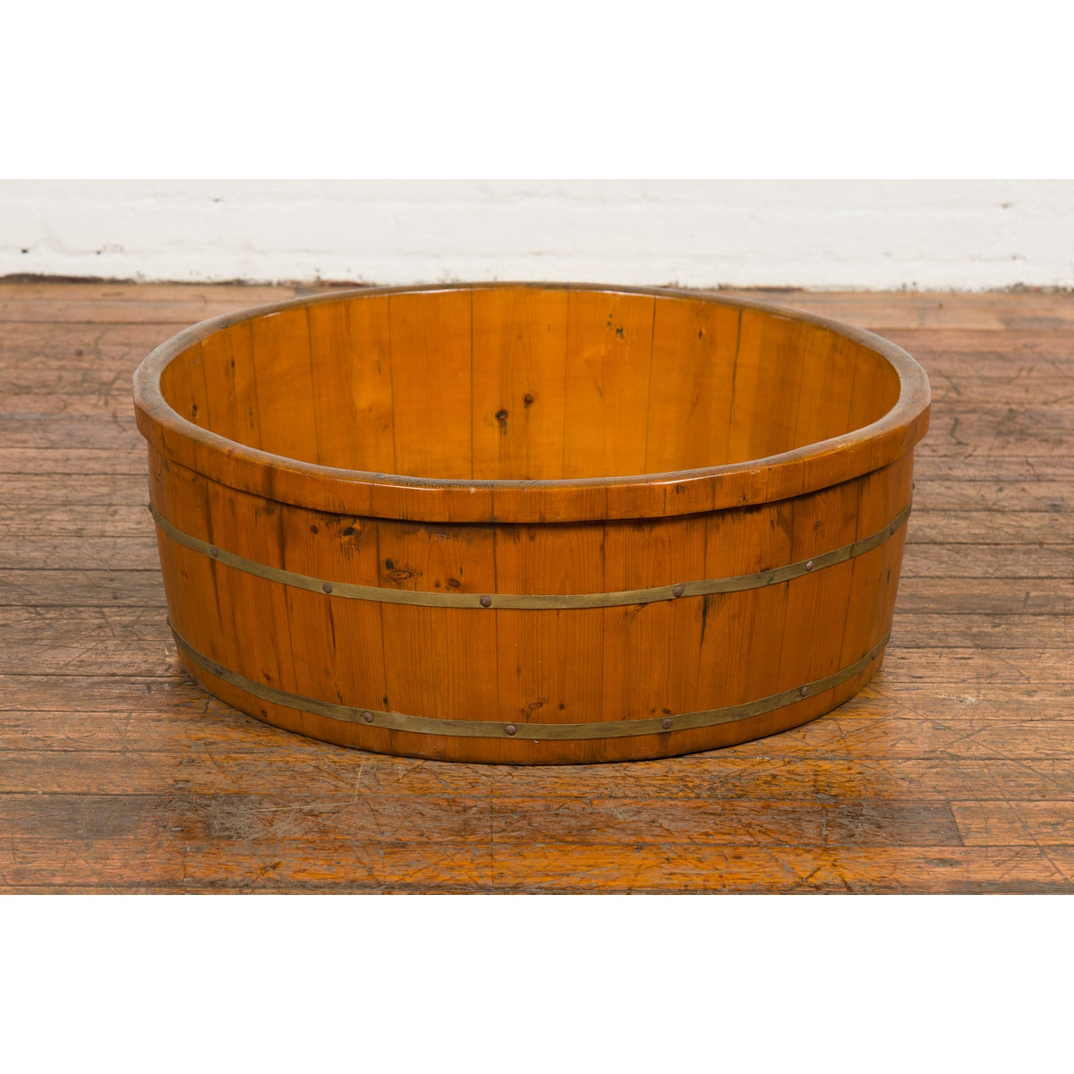 Chinese Qing Dynasty Period 19th Century Elm Round Rice Tray with Brass Braces-11. Asian & Chinese Furniture, Art, Antiques, Vintage Home Décor for sale at FEA Home