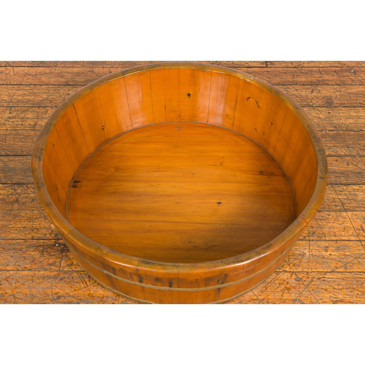 Chinese Qing Dynasty Period 19th Century Elm Round Rice Tray with Brass Braces-3. Asian & Chinese Furniture, Art, Antiques, Vintage Home Décor for sale at FEA Home