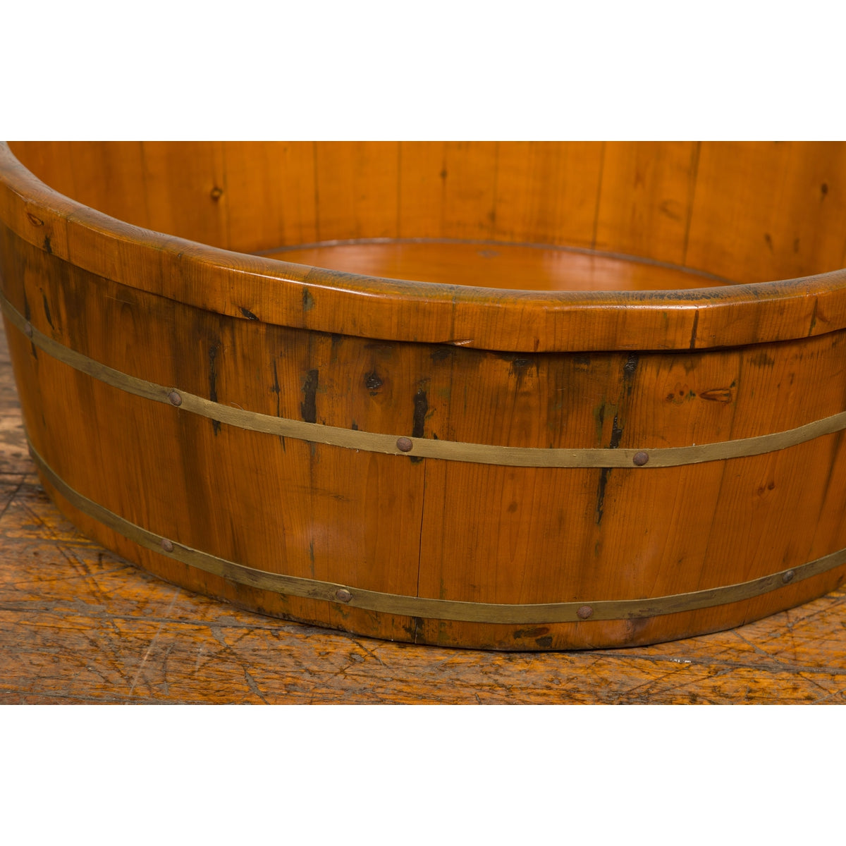 Chinese Qing Dynasty Period 19th Century Elm Round Rice Tray with Brass Braces-6. Asian & Chinese Furniture, Art, Antiques, Vintage Home Décor for sale at FEA Home