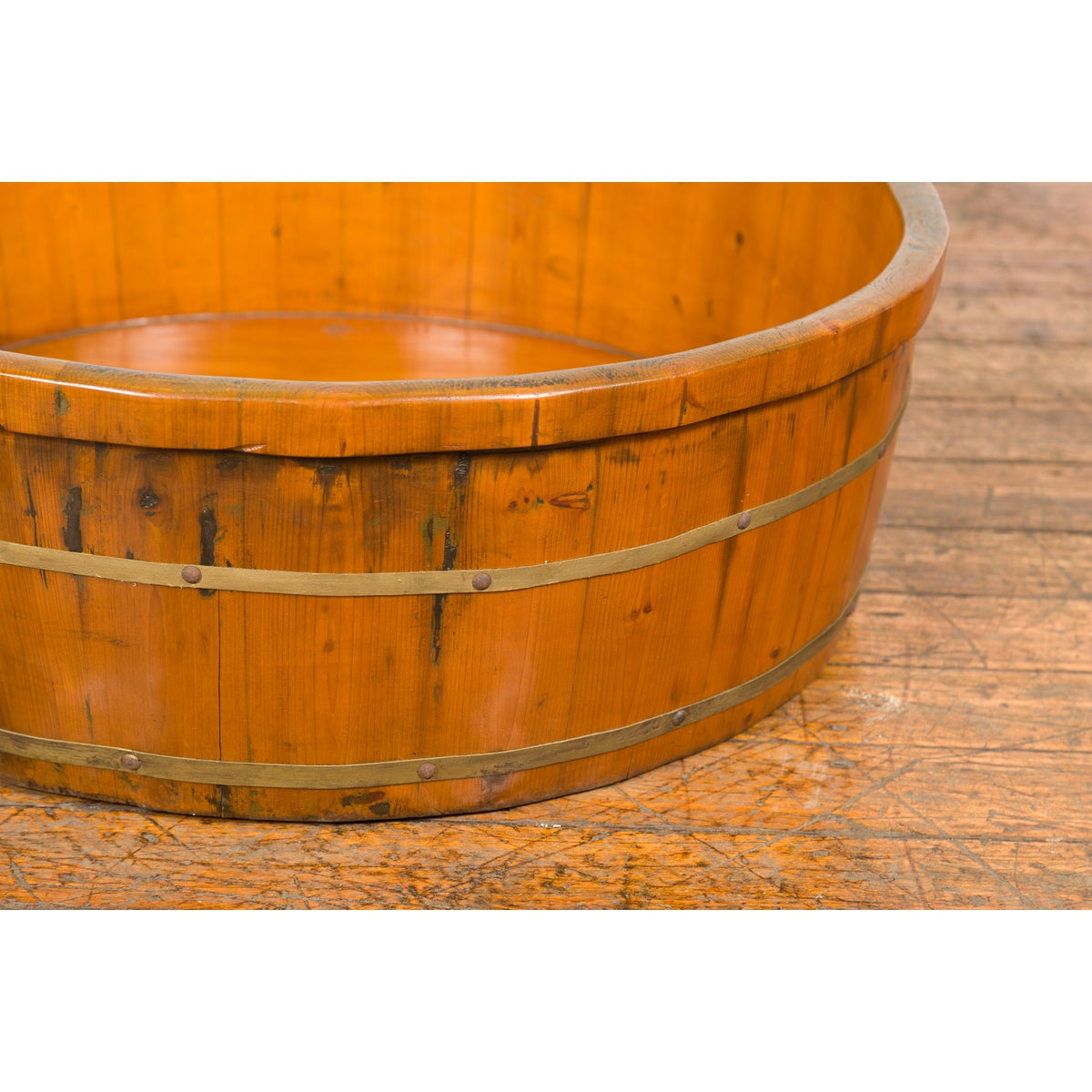 Chinese Qing Dynasty Period 19th Century Elm Round Rice Tray with Brass Braces-8. Asian & Chinese Furniture, Art, Antiques, Vintage Home Décor for sale at FEA Home