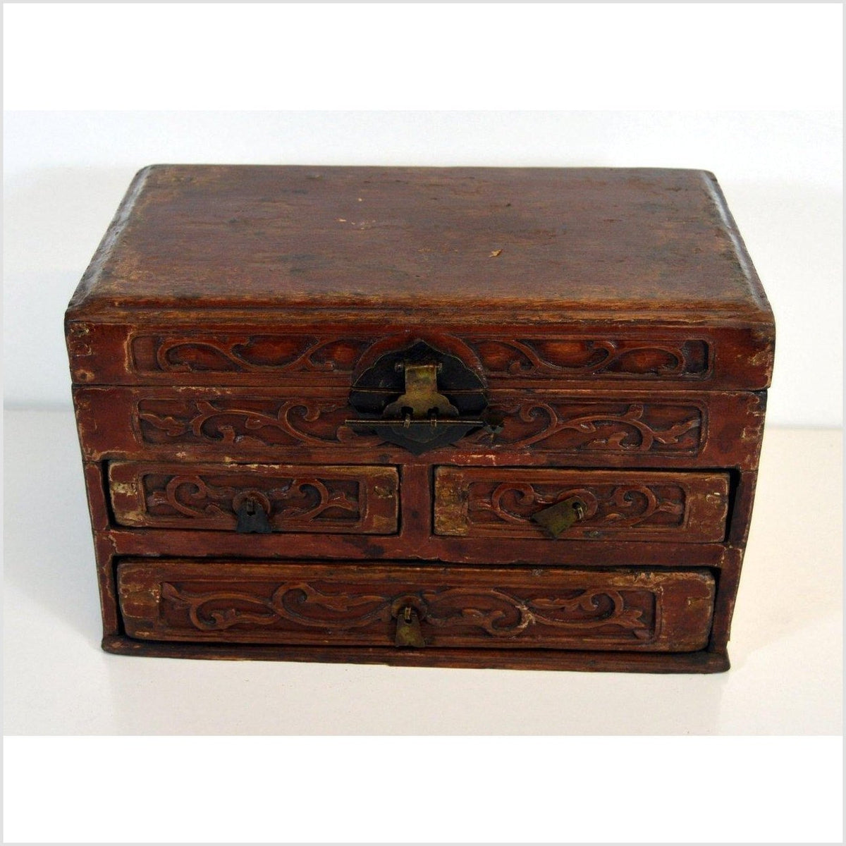 Chinese Red Brown Lacquer Jewelry Box with Iron Hardware, Early 20th Century-10. Asian & Chinese Furniture, Art, Antiques, Vintage Home Décor for sale at FEA Home