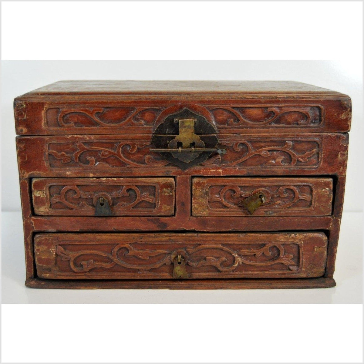 Chinese Red Brown Lacquer Jewelry Box with Iron Hardware, Early 20th Century-11. Asian & Chinese Furniture, Art, Antiques, Vintage Home Décor for sale at FEA Home