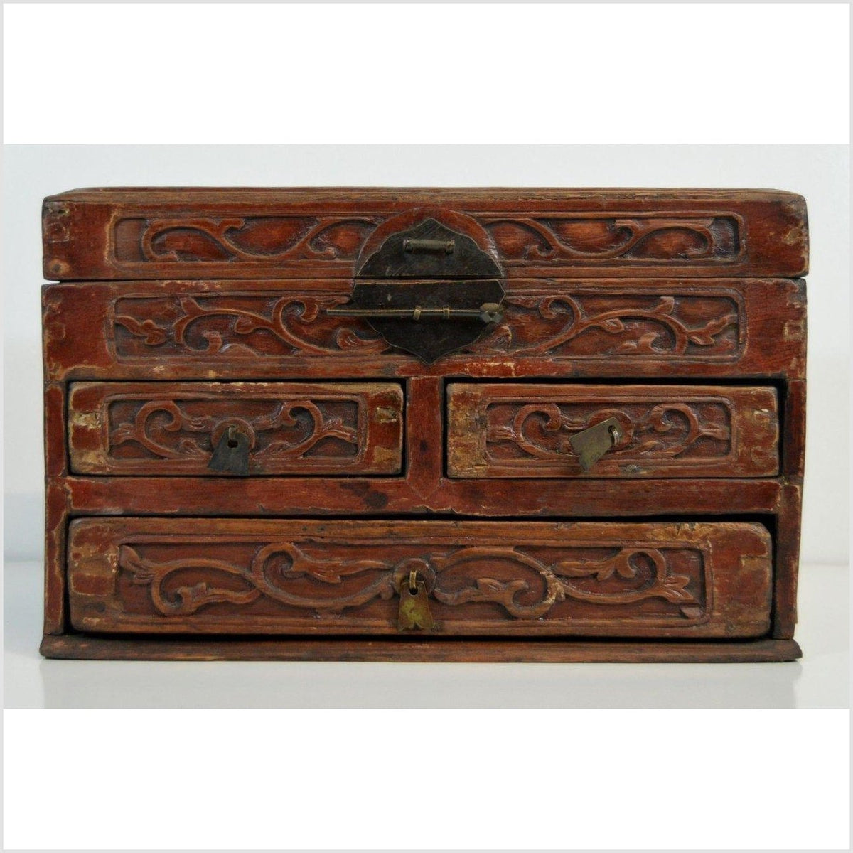 Chinese Red Brown Lacquer Jewelry Box with Iron Hardware, Early 20th Century-2. Asian & Chinese Furniture, Art, Antiques, Vintage Home Décor for sale at FEA Home