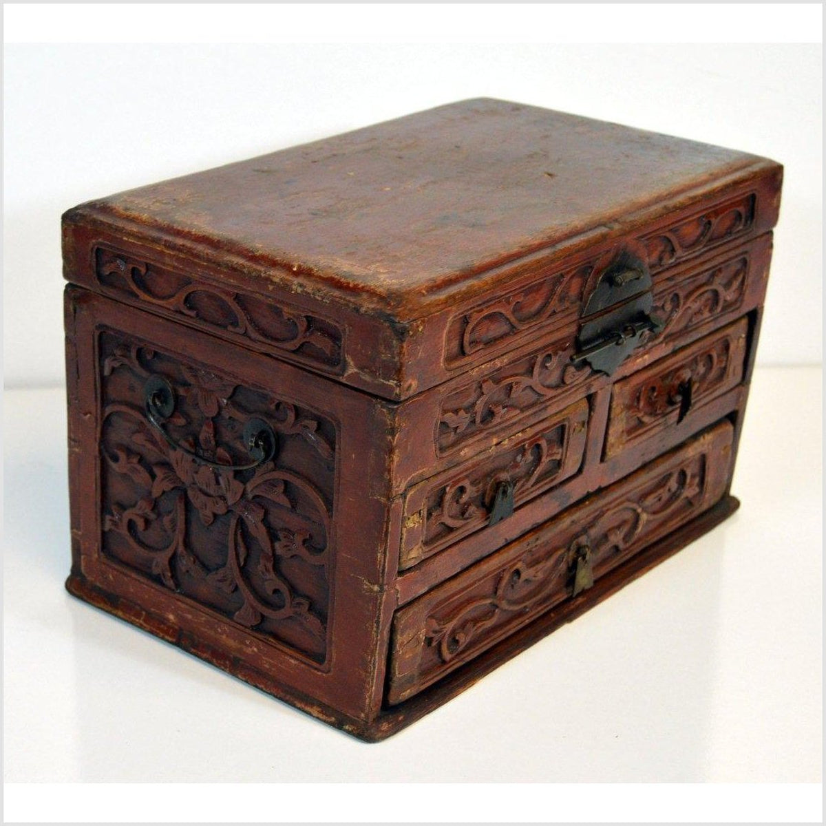 Chinese Red Brown Lacquer Jewelry Box with Iron Hardware, Early 20th Century-3. Asian & Chinese Furniture, Art, Antiques, Vintage Home Décor for sale at FEA Home