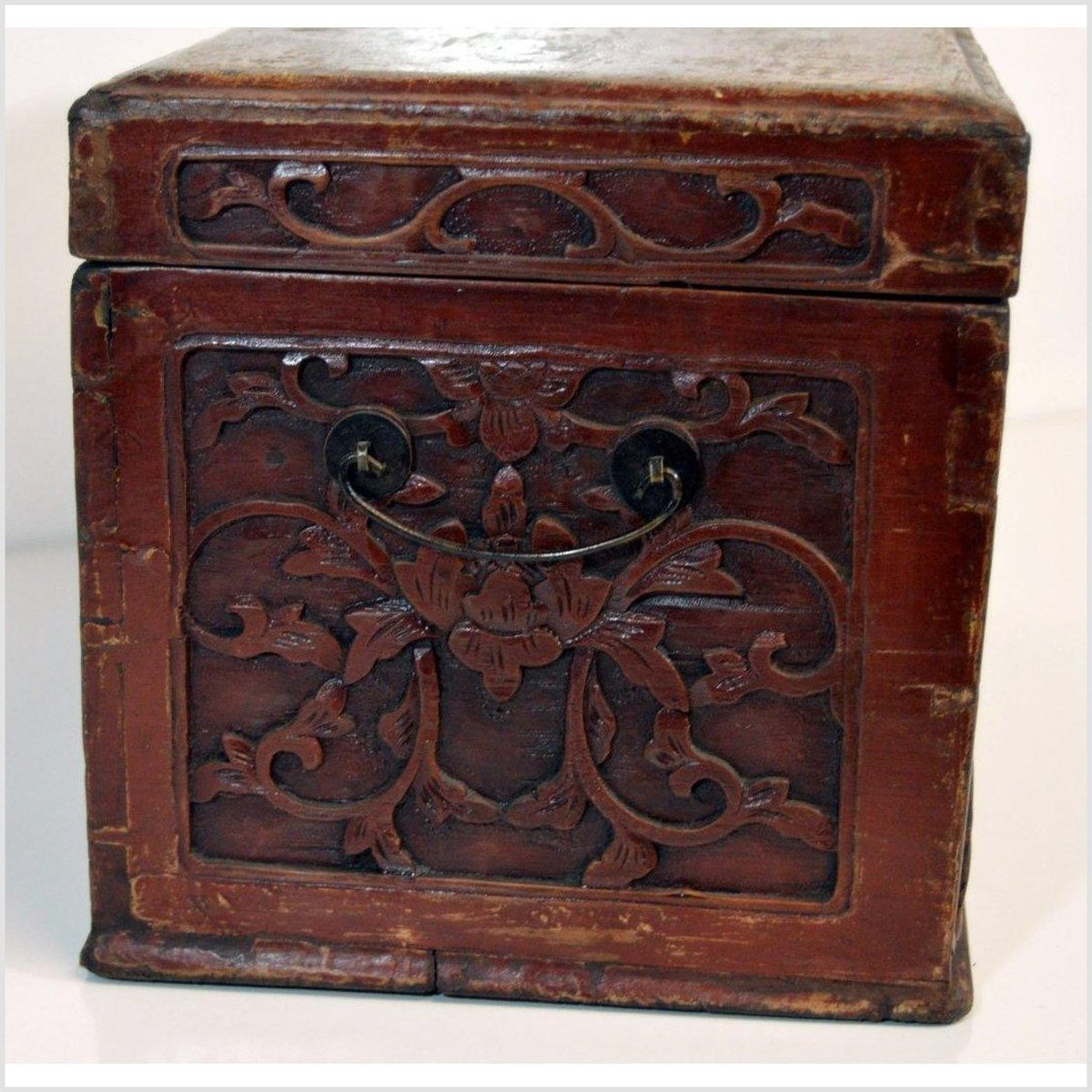 Chinese Red Brown Lacquer Jewelry Box with Iron Hardware, Early 20th Century-4. Asian & Chinese Furniture, Art, Antiques, Vintage Home Décor for sale at FEA Home