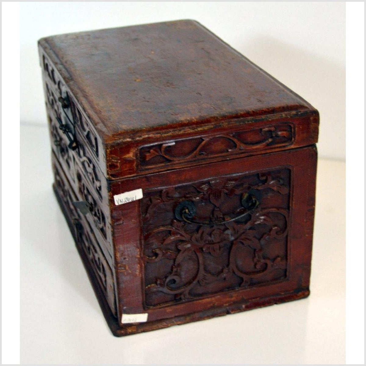 Chinese Red Brown Lacquer Jewelry Box with Iron Hardware, Early 20th Century-5. Asian & Chinese Furniture, Art, Antiques, Vintage Home Décor for sale at FEA Home