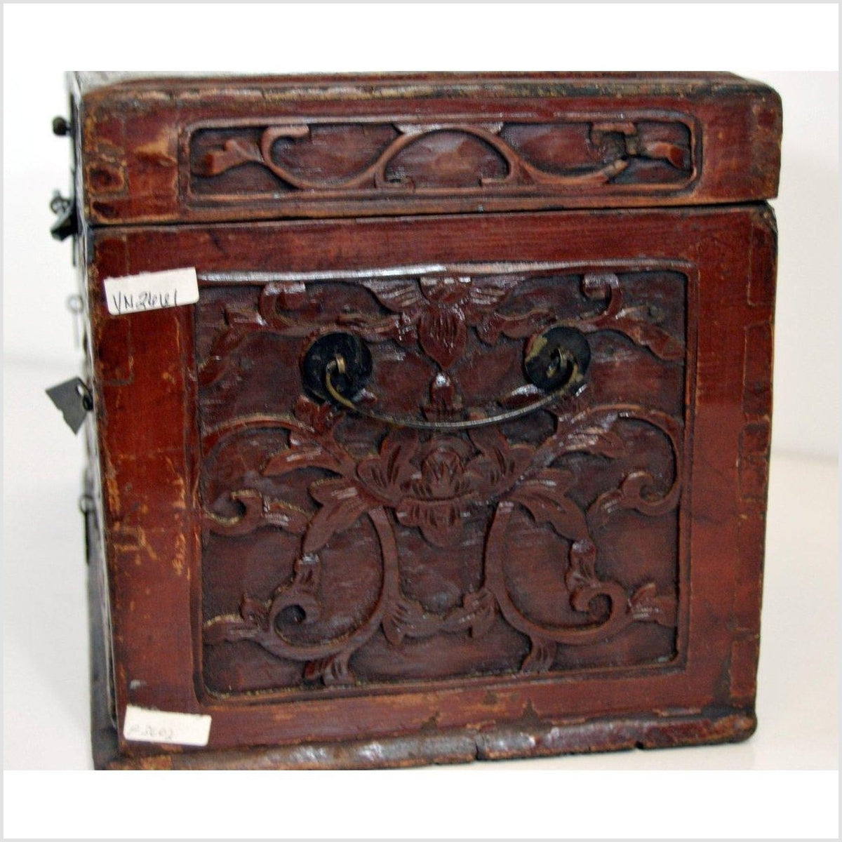 Chinese Red Brown Lacquer Jewelry Box with Iron Hardware, Early 20th Century-6. Asian & Chinese Furniture, Art, Antiques, Vintage Home Décor for sale at FEA Home