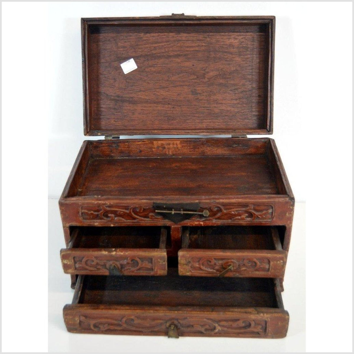 Chinese Red Brown Lacquer Jewelry Box with Iron Hardware, Early 20th Century-8. Asian & Chinese Furniture, Art, Antiques, Vintage Home Décor for sale at FEA Home