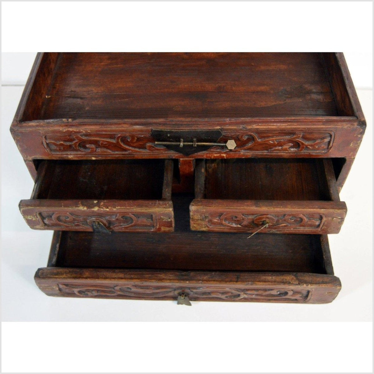 Chinese Red Brown Lacquer Jewelry Box with Iron Hardware, Early 20th Century-9. Asian & Chinese Furniture, Art, Antiques, Vintage Home Décor for sale at FEA Home