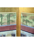 Green bamboo and leaves on muted background, gold four-panel Chinese screen, decorative room divider.