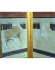 Brown lacquered wood Chinese screen with four panels, hand painted horses in enclosure, gold decorative borders.