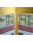 Gold and green painted Chinese screen with two panels, bamboo design, bordered by colorful horizontal bands.