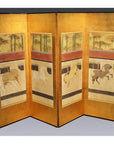 Gold Chinese screen with four hand-painted horse panels and bamboo design on upper sections, lacquered wood.