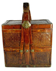 Brown woven bamboo rectangular basket with handle, metal latch, and top cover, Shandong style wedding box.