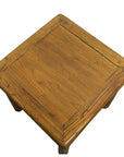 Brown wood Chinese side table with simple design and visible grain, square shape, top view.