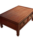 Brown wood Chinese Low Kang coffee table with two drawers, metal handles, smooth finish, and sturdy legs.