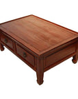 Warm brown wood Chinese low Kang coffee table with carved legs and two drawers, front view.