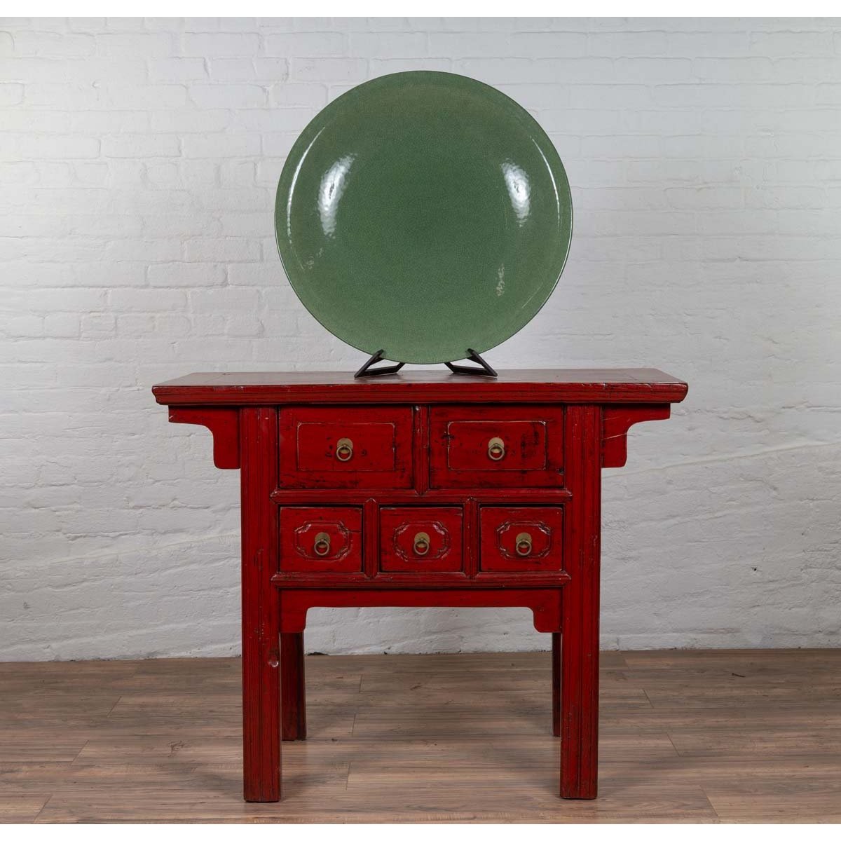 Vintage Dark Green Celadon Ceramic Charger-10. Asian & Chinese Furniture, Art, Antiques, Vintage Home Décor for sale at FEA Home