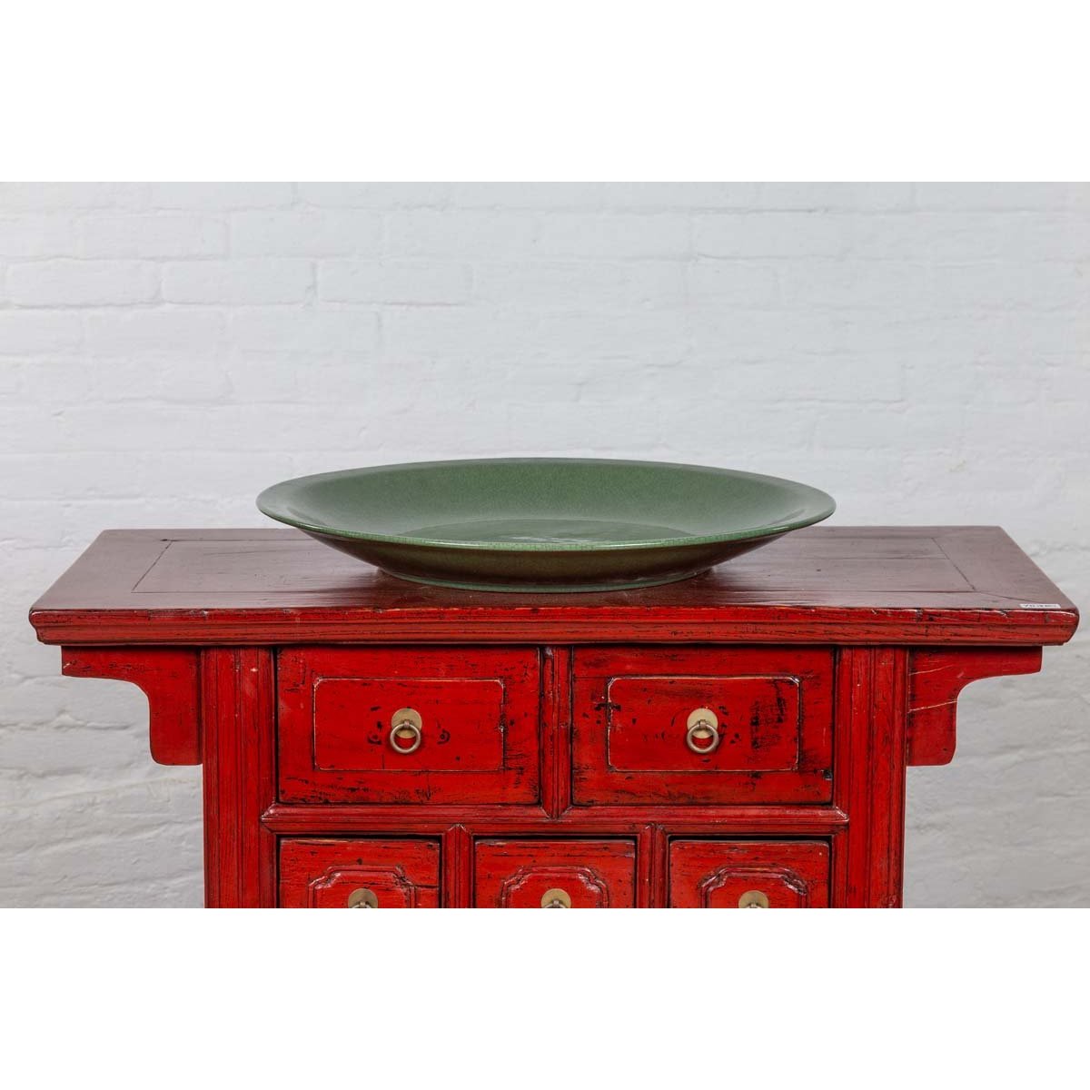 Vintage Dark Green Celadon Ceramic Charger-11. Asian & Chinese Furniture, Art, Antiques, Vintage Home Décor for sale at FEA Home