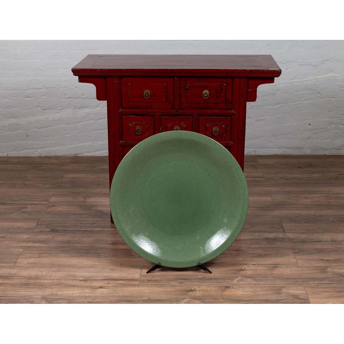 Vintage Dark Green Celadon Ceramic Charger-5. Asian & Chinese Furniture, Art, Antiques, Vintage Home Décor for sale at FEA Home