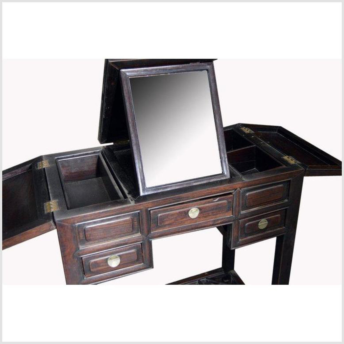 Chinese Vintage Dark Lacquered Wood Dressing Table with Mirror and Drawers Chinese Vintage Dark Lacquered Wood Dressing Table with Mirror and Drawers