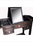 Dark lacquered wood Chinese vintage dressing table with mirror and drawers, classic storage and grooming furniture.