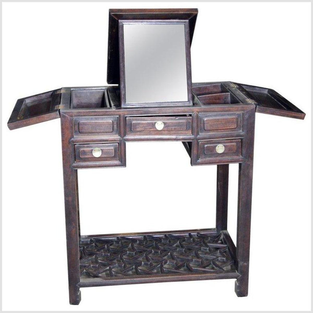 Chinese Vintage Dark Lacquered Wood Dressing Table with Mirror and Drawers Chinese Vintage Dark Lacquered Wood Dressing Table with Mirror and Drawers