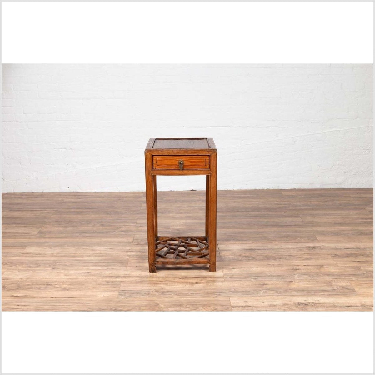 Chinese Vintage Elmwood Lamp Table with Single Drawer and Cracked Ice Shelf-17. Asian & Chinese Furniture, Art, Antiques, Vintage Home Décor for sale at FEA Home