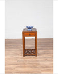 Chinese Vintage Elmwood Lamp Table with Single Drawer and Cracked Ice Shelf-3. Asian & Chinese Furniture, Art, Antiques, Vintage Home Décor for sale at FEA Home