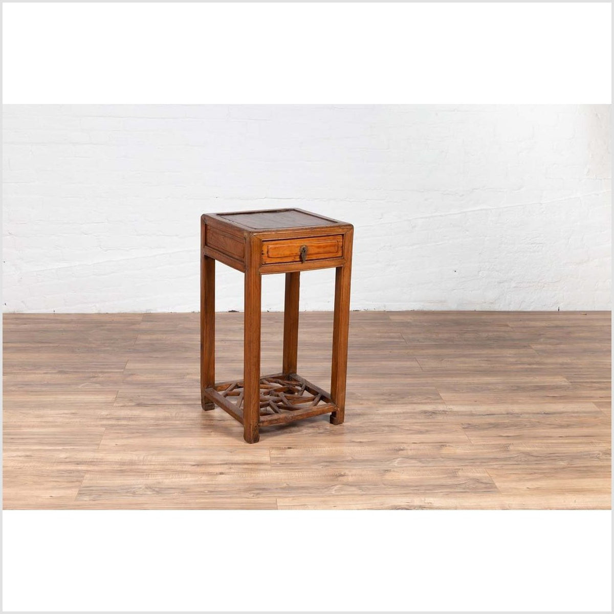 Chinese Vintage Elmwood Lamp Table with Single Drawer and Cracked Ice Shelf-10. Asian & Chinese Furniture, Art, Antiques, Vintage Home Décor for sale at FEA Home