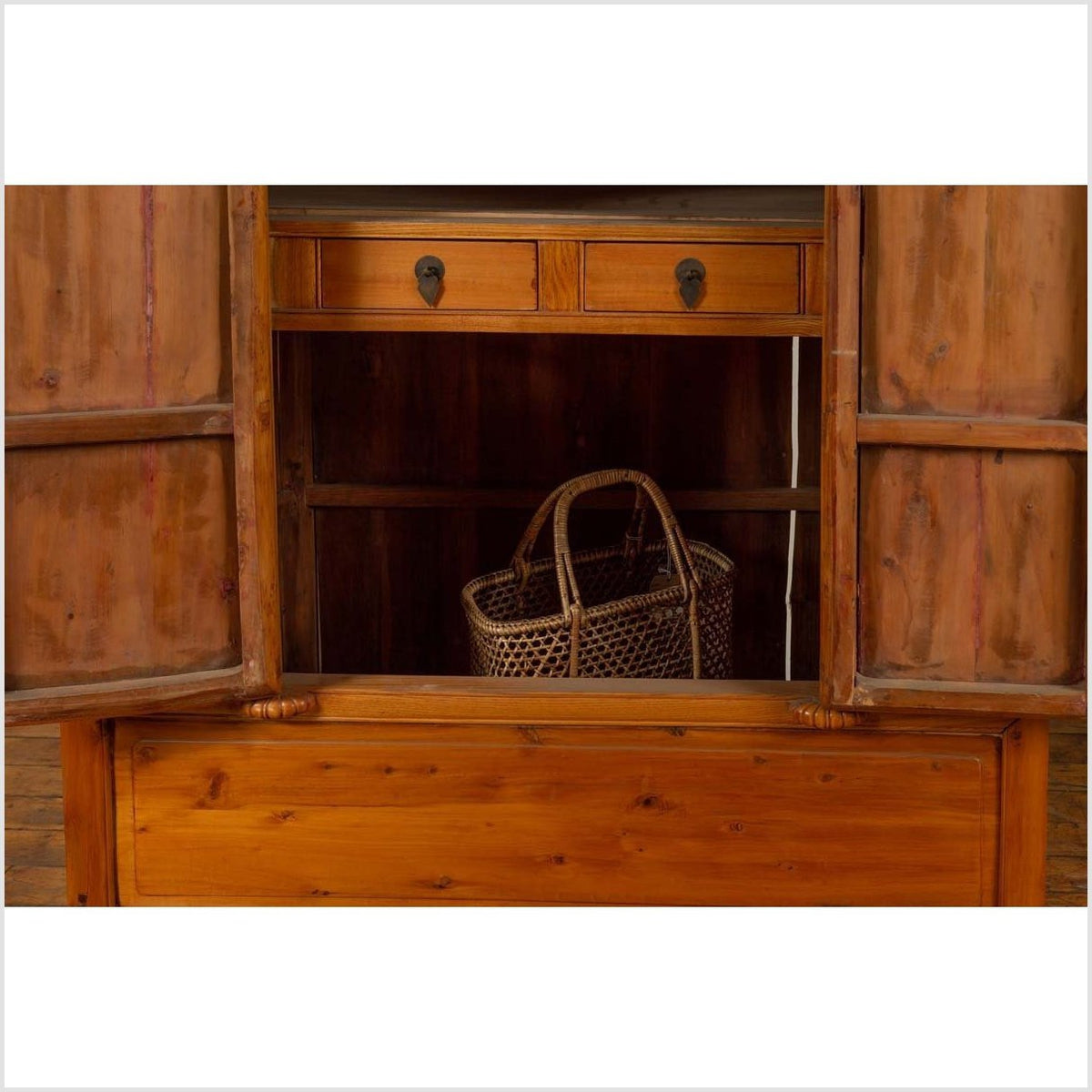 Chinese Vintage Natural Wood Two-Door Cabinet with Floral Décor and Drawers-18. Asian & Chinese Furniture, Art, Antiques, Vintage Home Décor for sale at FEA Home