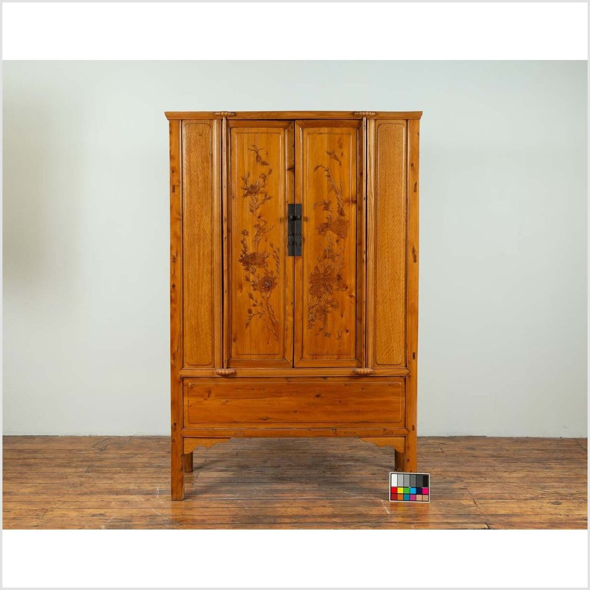 Chinese Vintage Natural Wood Two-Door Cabinet with Floral Décor and Drawers-3. Asian & Chinese Furniture, Art, Antiques, Vintage Home Décor for sale at FEA Home