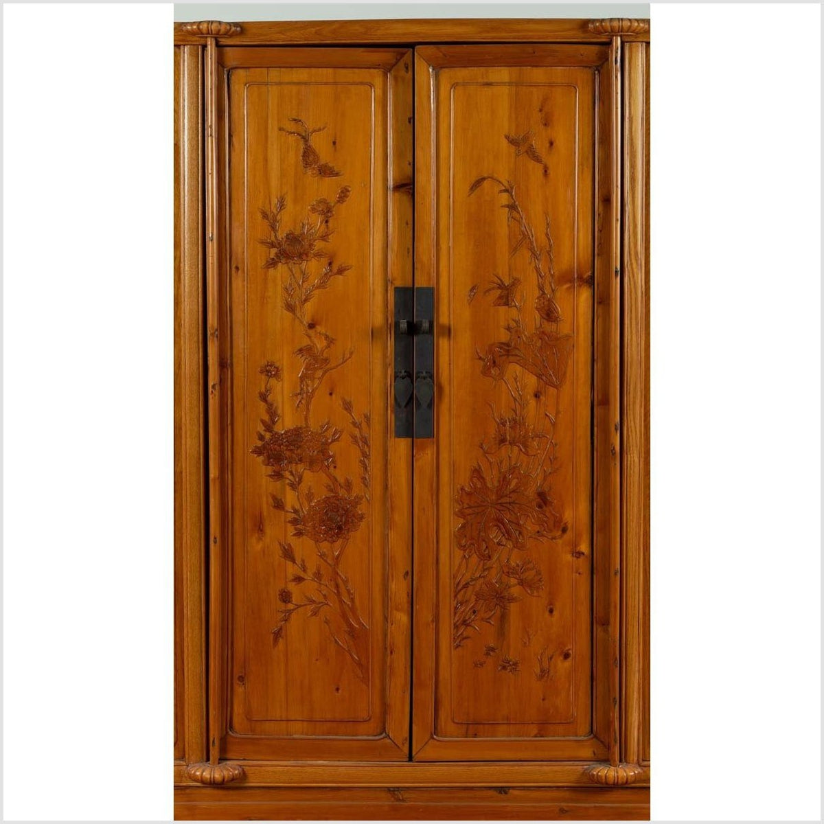 Chinese Vintage Natural Wood Two-Door Cabinet with Floral Décor and Drawers-4. Asian & Chinese Furniture, Art, Antiques, Vintage Home Décor for sale at FEA Home