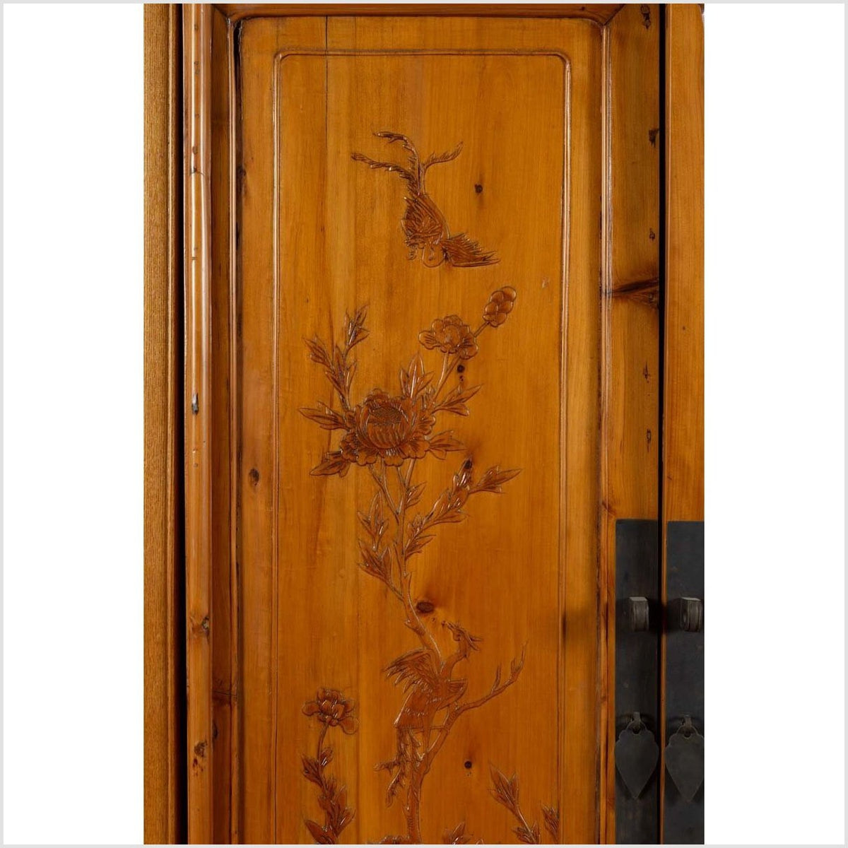 Chinese Vintage Natural Wood Two-Door Cabinet with Floral Décor and Drawers-5. Asian & Chinese Furniture, Art, Antiques, Vintage Home Décor for sale at FEA Home
