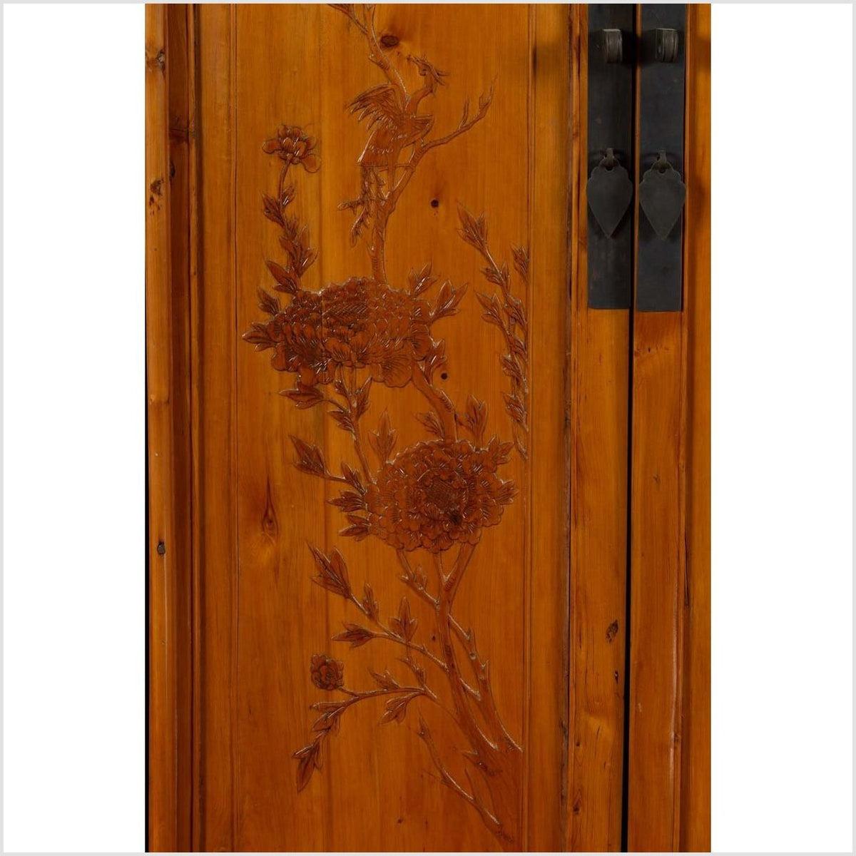 Chinese Vintage Natural Wood Two-Door Cabinet with Floral Décor and Drawers-6. Asian & Chinese Furniture, Art, Antiques, Vintage Home Décor for sale at FEA Home