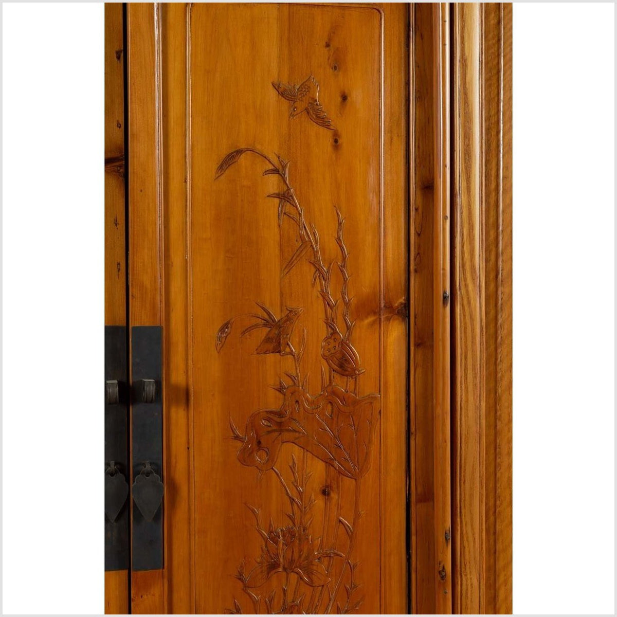 Chinese Vintage Natural Wood Two-Door Cabinet with Floral Décor and Drawers-7. Asian & Chinese Furniture, Art, Antiques, Vintage Home Décor for sale at FEA Home