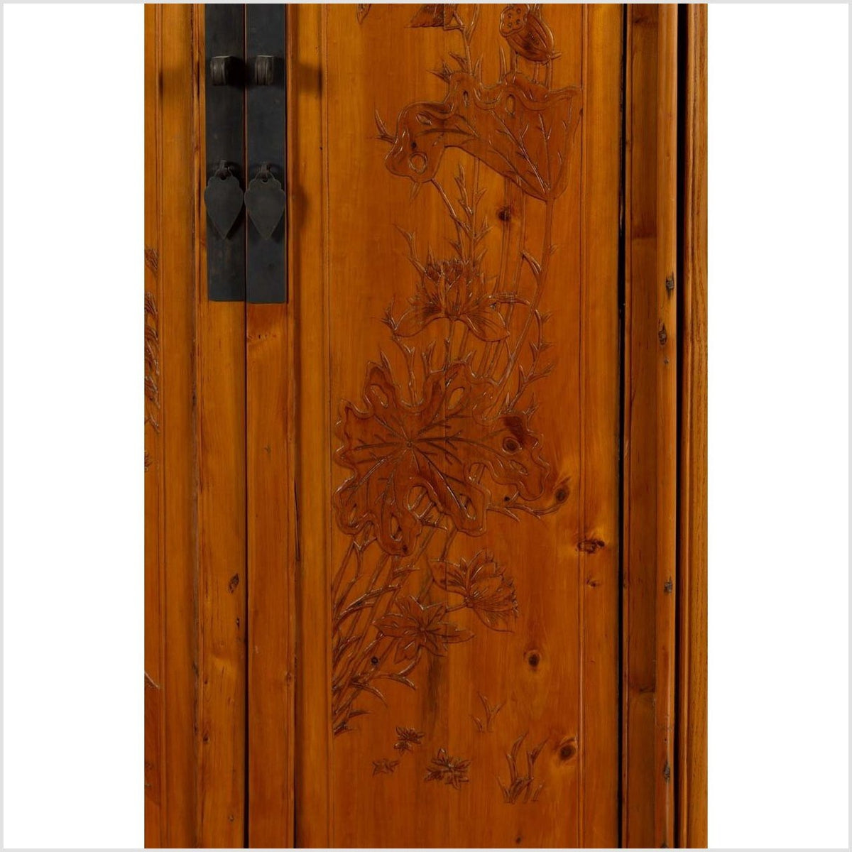 Chinese Vintage Natural Wood Two-Door Cabinet with Floral Décor and Drawers-8. Asian & Chinese Furniture, Art, Antiques, Vintage Home Décor for sale at FEA Home