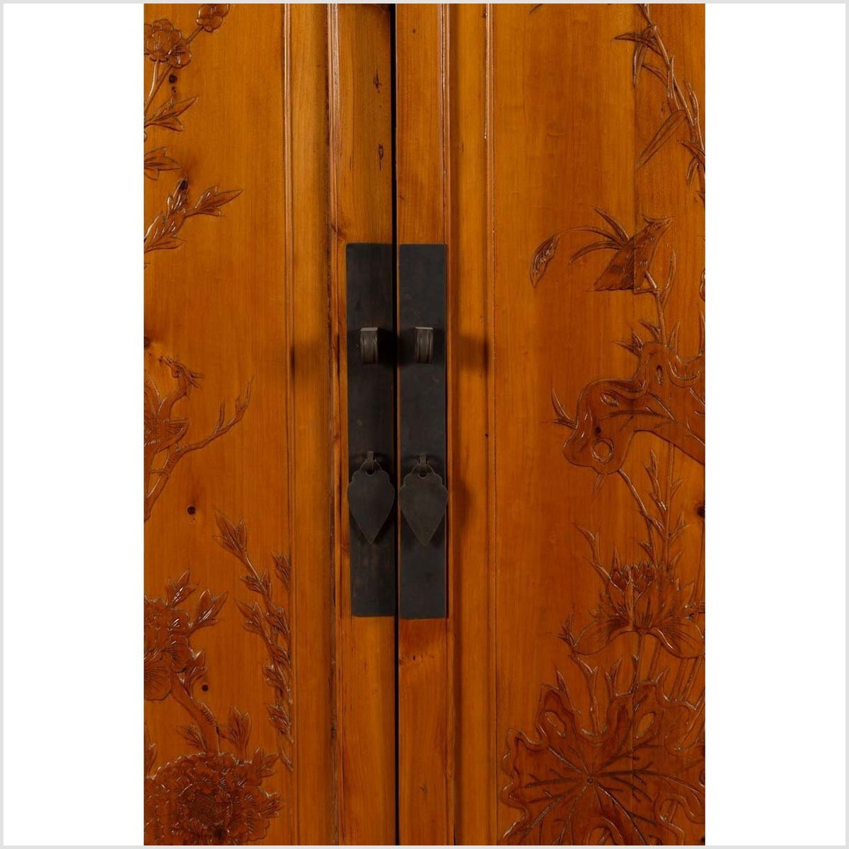 Chinese Vintage Natural Wood Two-Door Cabinet with Floral Décor and Drawers-9. Asian & Chinese Furniture, Art, Antiques, Vintage Home Décor for sale at FEA Home