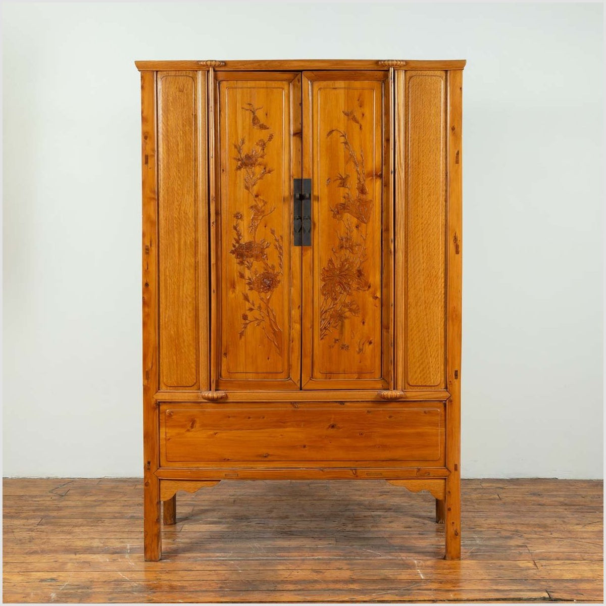 Chinese Vintage Natural Wood Two-Door Cabinet with Floral Décor and Drawers-2. Asian & Chinese Furniture, Art, Antiques, Vintage Home Décor for sale at FEA Home