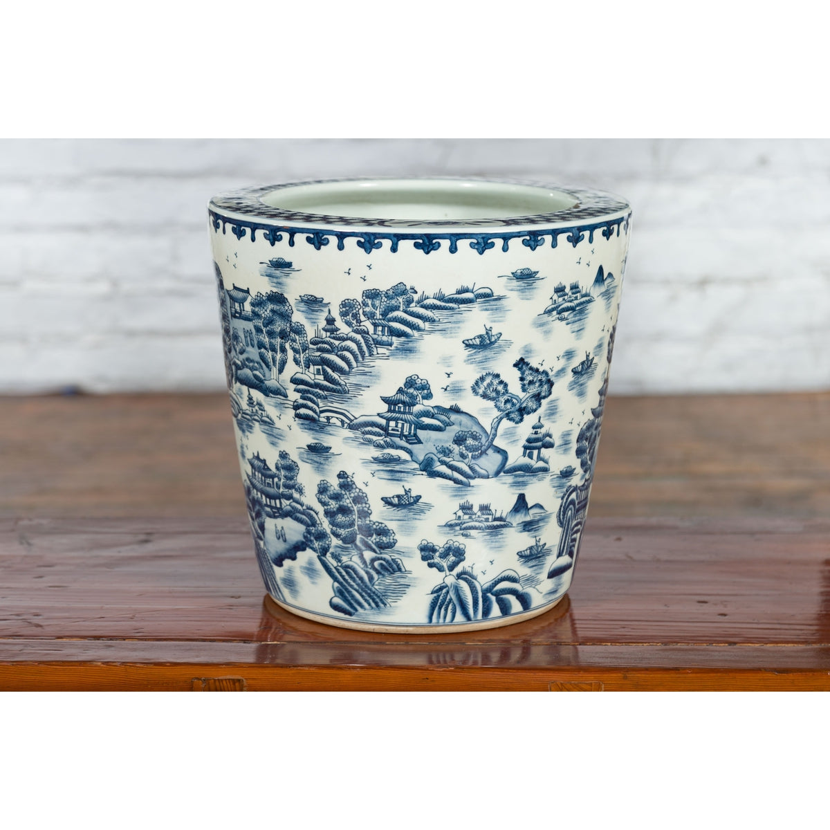 Chinese Vintage Porcelain Cache-Pot Planter with Blue and White Landscape-12. Asian & Chinese Furniture, Art, Antiques, Vintage Home Décor for sale at FEA Home