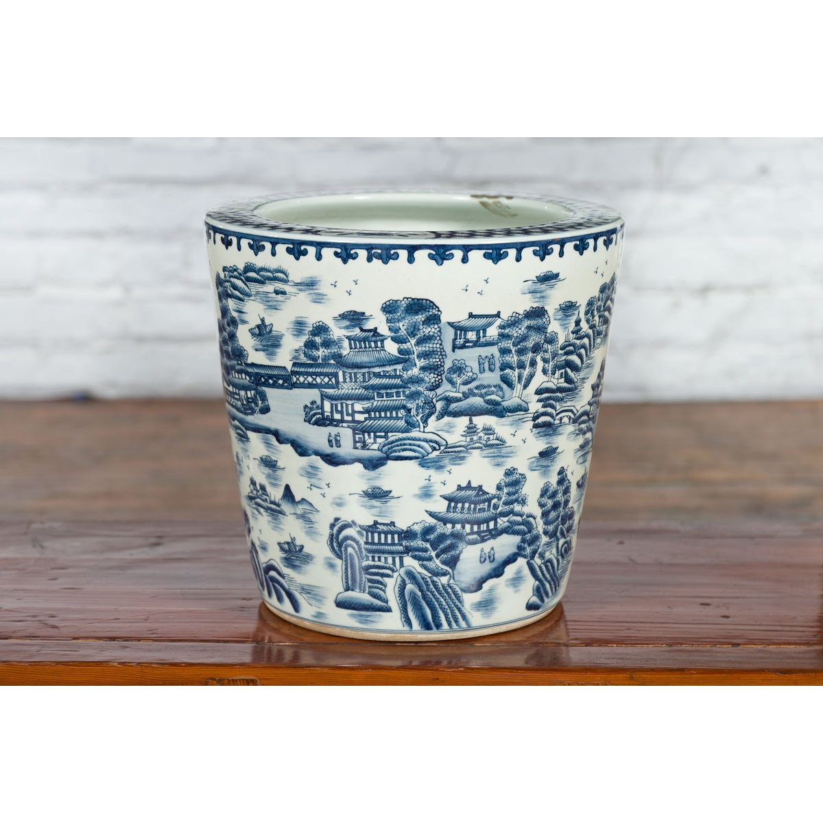 Chinese Vintage Porcelain Cache-Pot Planter with Blue and White Landscape-13. Asian & Chinese Furniture, Art, Antiques, Vintage Home Décor for sale at FEA Home