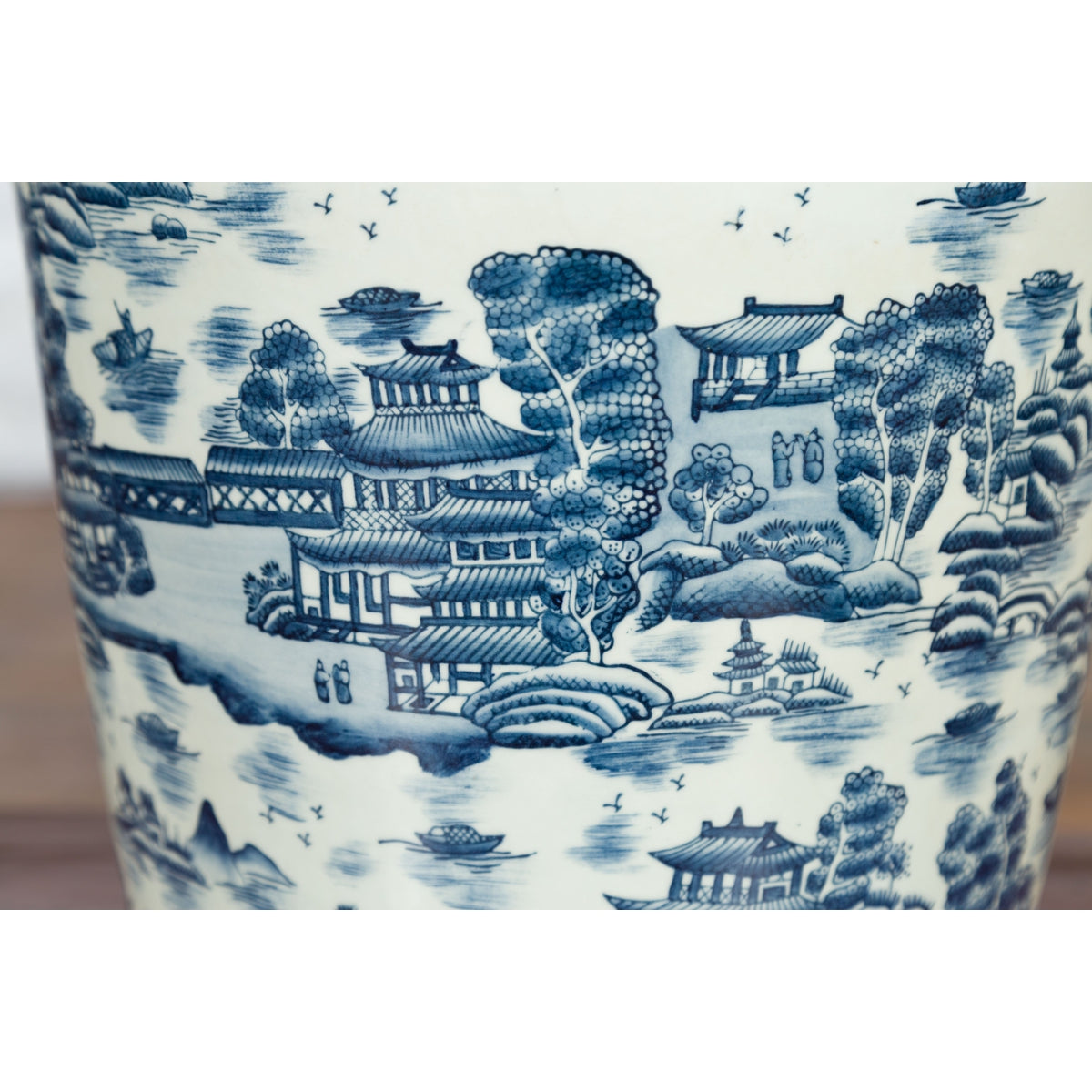 Chinese Vintage Porcelain Cache-Pot Planter with Blue and White Landscape-14. Asian & Chinese Furniture, Art, Antiques, Vintage Home Décor for sale at FEA Home