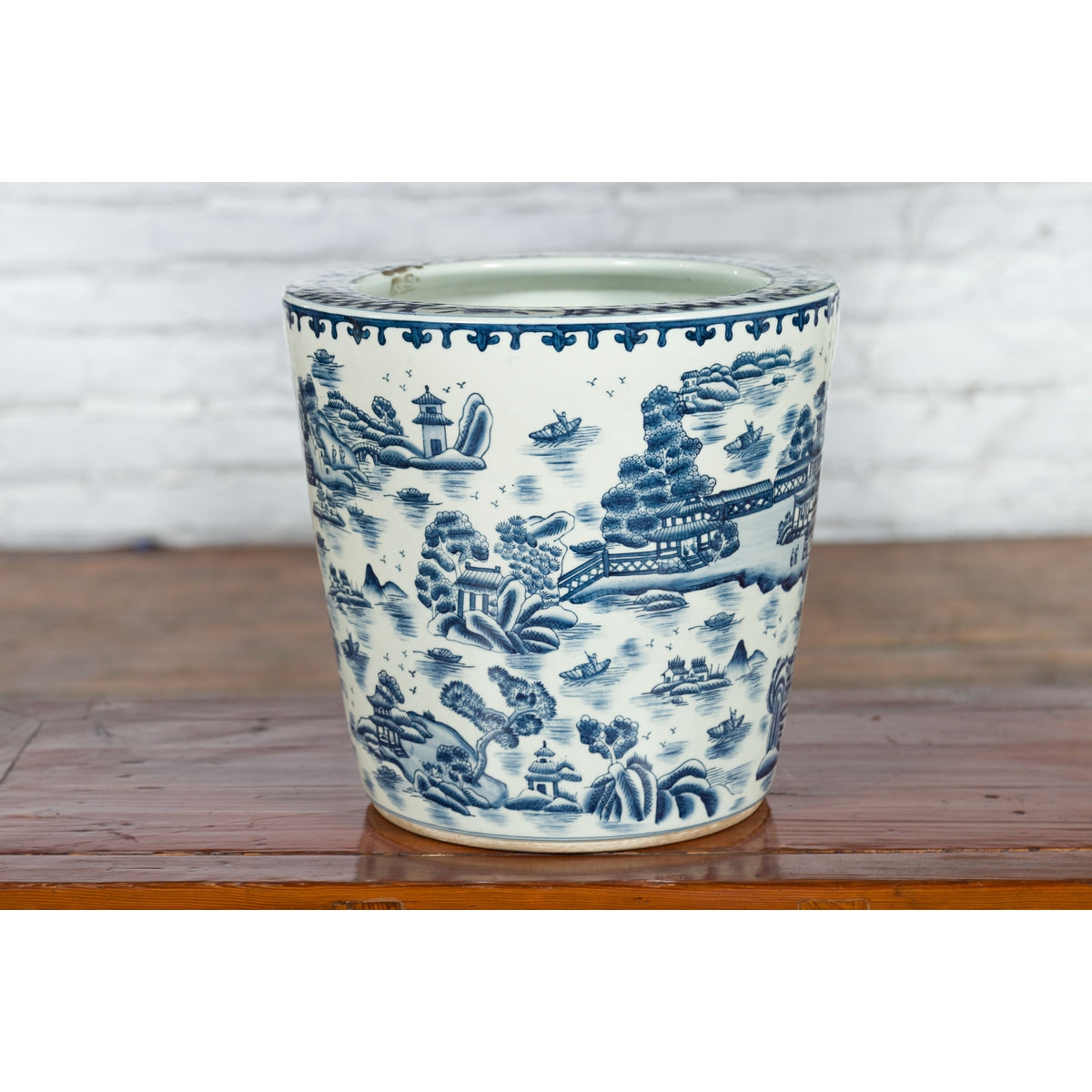 Chinese Vintage Porcelain Cache-Pot Planter with Blue and White Landscape-15. Asian & Chinese Furniture, Art, Antiques, Vintage Home Décor for sale at FEA Home