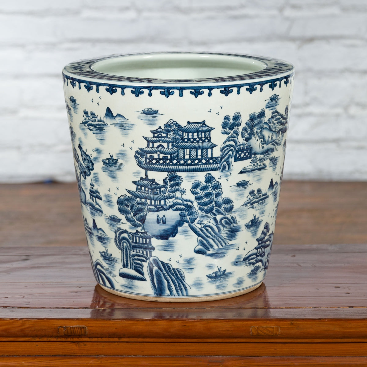 Chinese Vintage Porcelain Cache-Pot Planter with Blue and White Landscape-2. Asian & Chinese Furniture, Art, Antiques, Vintage Home Décor for sale at FEA Home