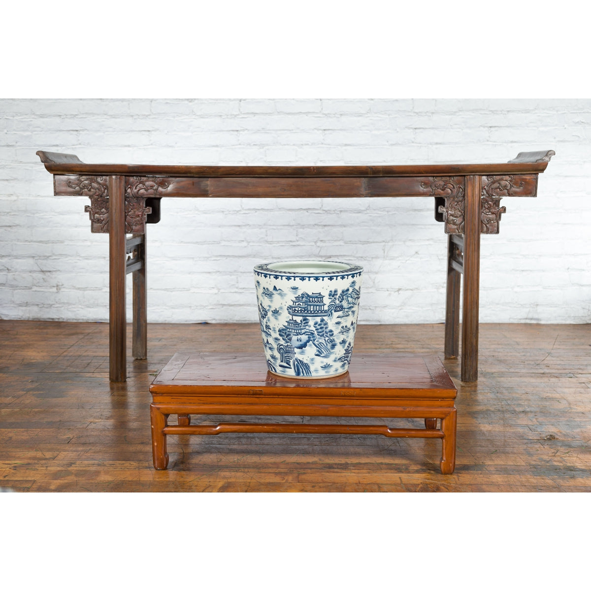 Chinese Vintage Porcelain Cache-Pot Planter with Blue and White Landscape-3. Asian & Chinese Furniture, Art, Antiques, Vintage Home Décor for sale at FEA Home