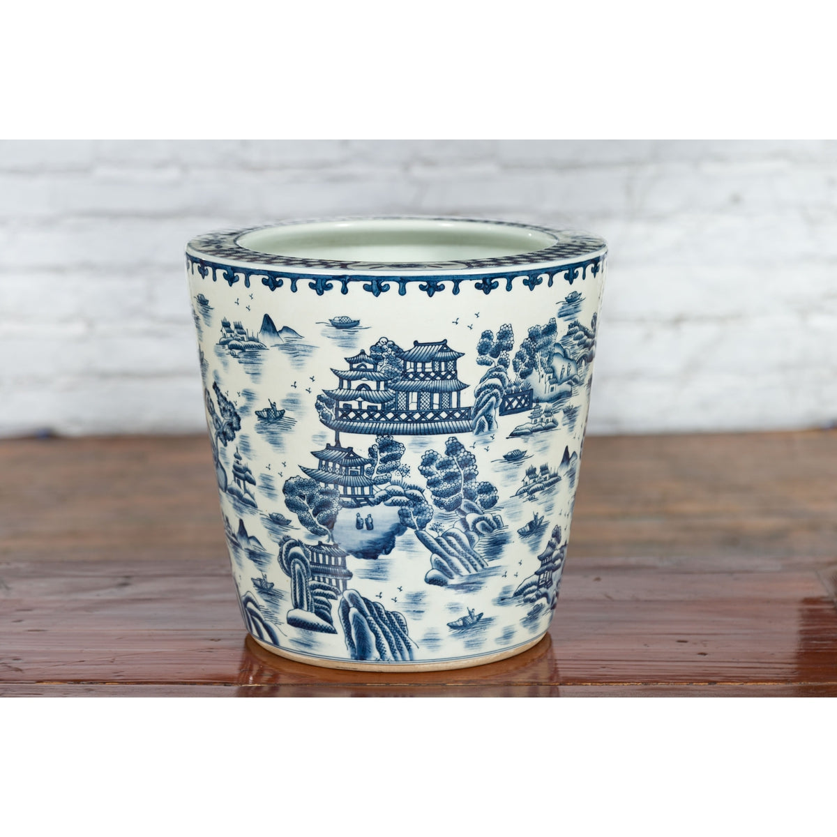 Chinese Vintage Porcelain Cache-Pot Planter with Blue and White Landscape-4. Asian & Chinese Furniture, Art, Antiques, Vintage Home Décor for sale at FEA Home