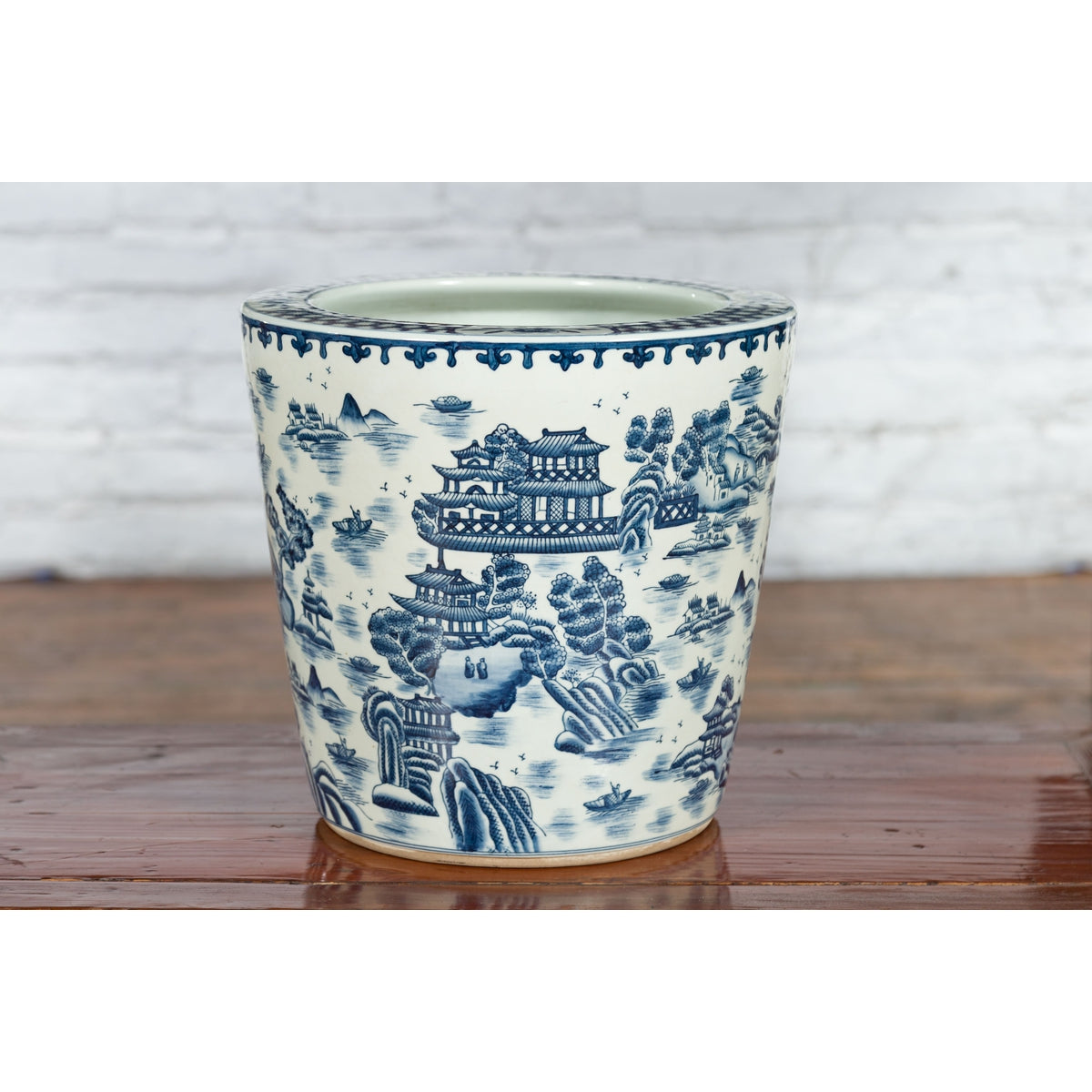 Chinese Vintage Porcelain Cache-Pot Planter with Blue and White Landscape-5. Asian & Chinese Furniture, Art, Antiques, Vintage Home Décor for sale at FEA Home