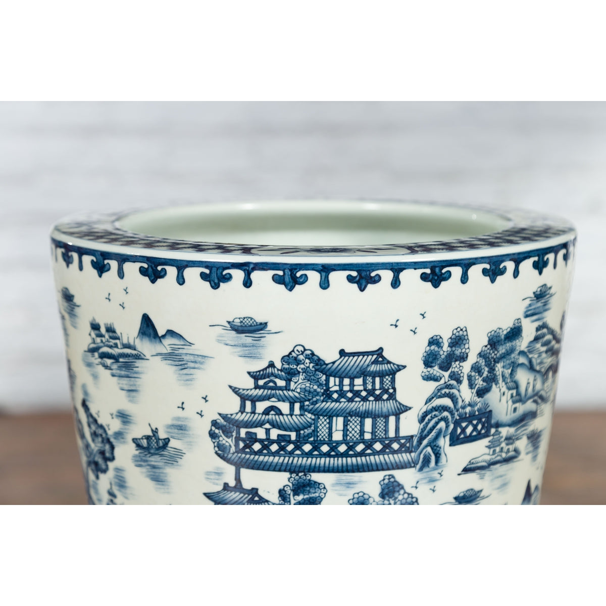 Chinese Vintage Porcelain Cache-Pot Planter with Blue and White Landscape-6. Asian & Chinese Furniture, Art, Antiques, Vintage Home Décor for sale at FEA Home