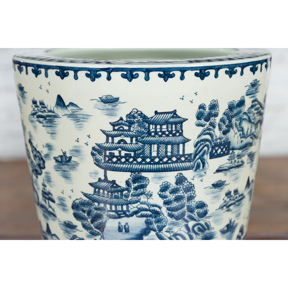 Chinese Vintage Porcelain Cache-Pot Planter with Blue and White Landscape-7. Asian & Chinese Furniture, Art, Antiques, Vintage Home Décor for sale at FEA Home
