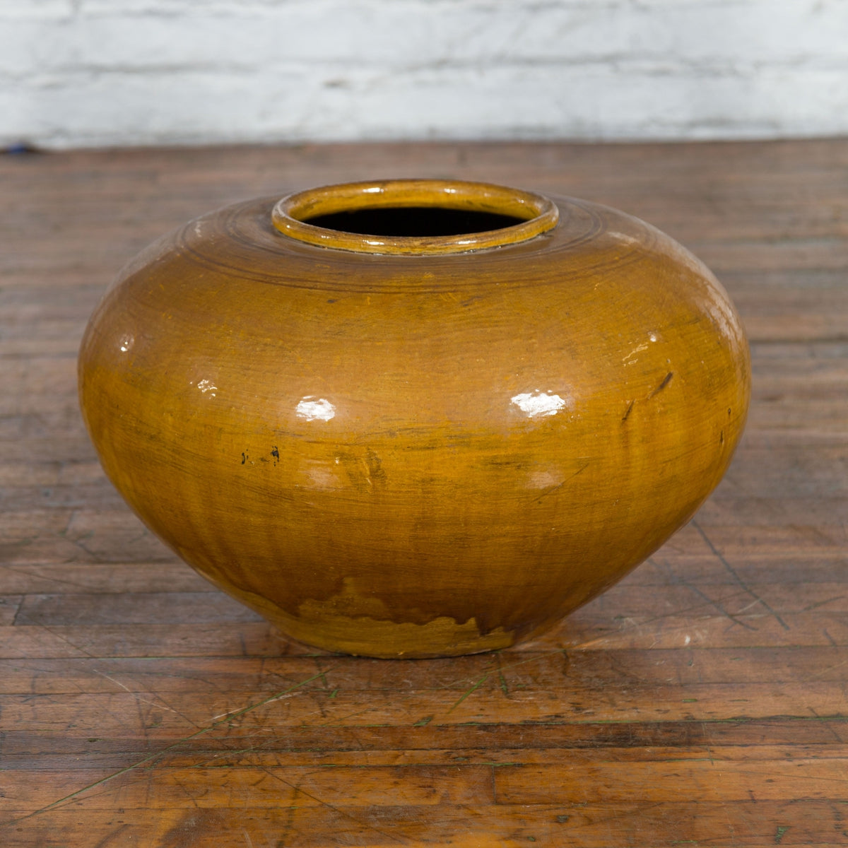 Chinese Vintage Porcelain Low Squat Planter with Yellow Mustard Glaze-10. Asian & Chinese Furniture, Art, Antiques, Vintage Home Décor for sale at FEA Home